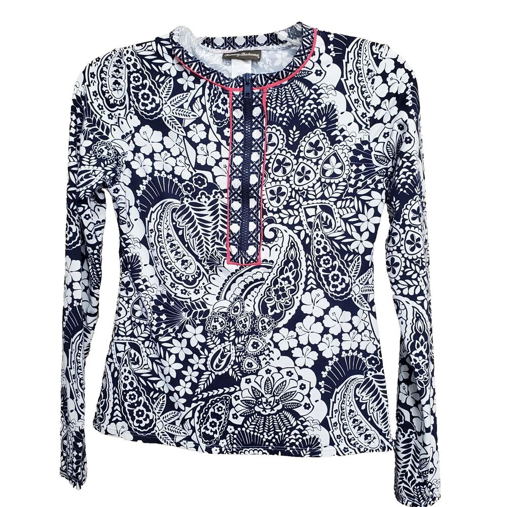 Tommy Bahama Paisley Paradise Half Zip UPF 50 Rash Guard Swim Shirt Size XS